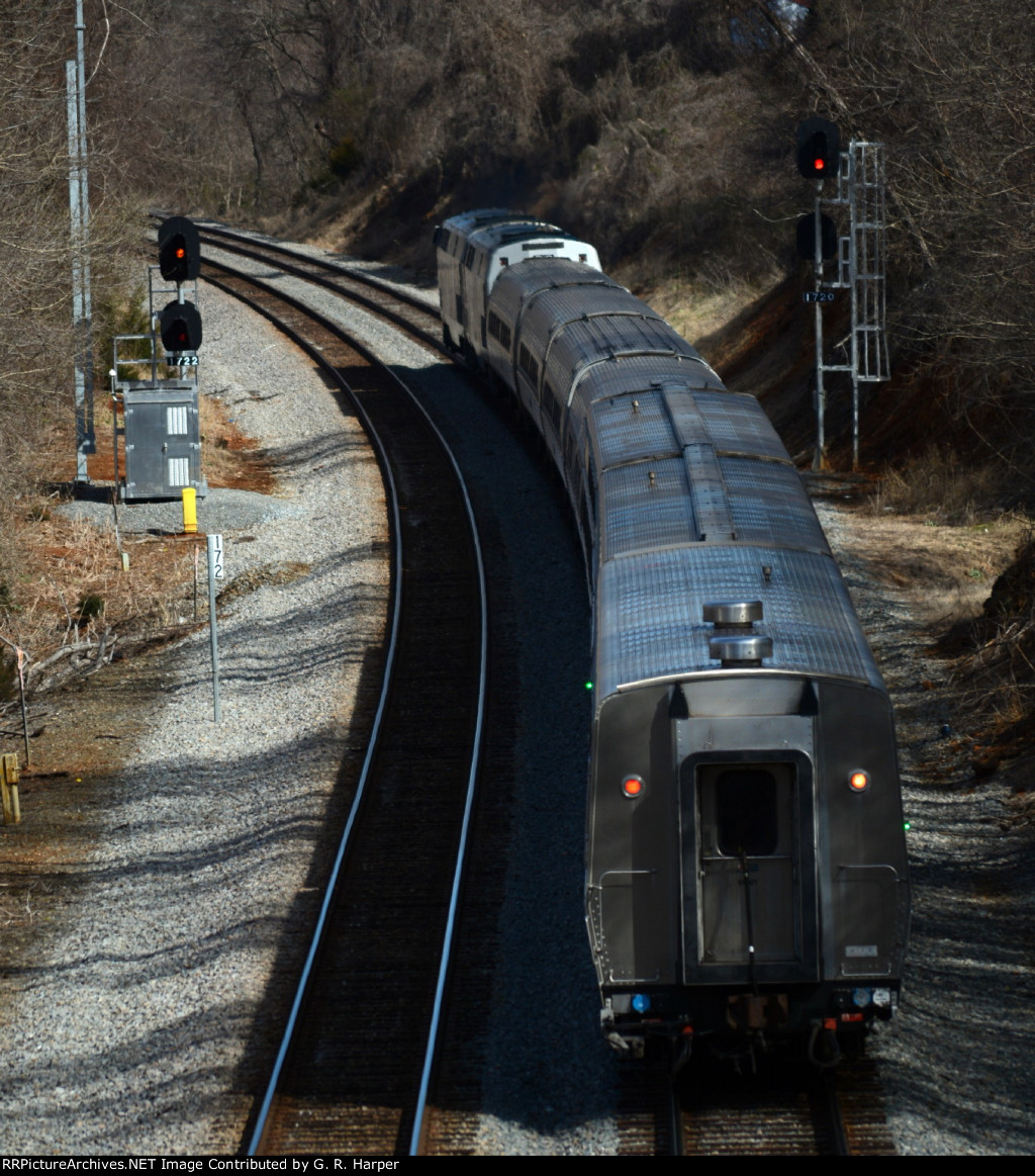 Amtrak 20 knocks down the Blackwater Creek signal on its way  to Washington and beyond.